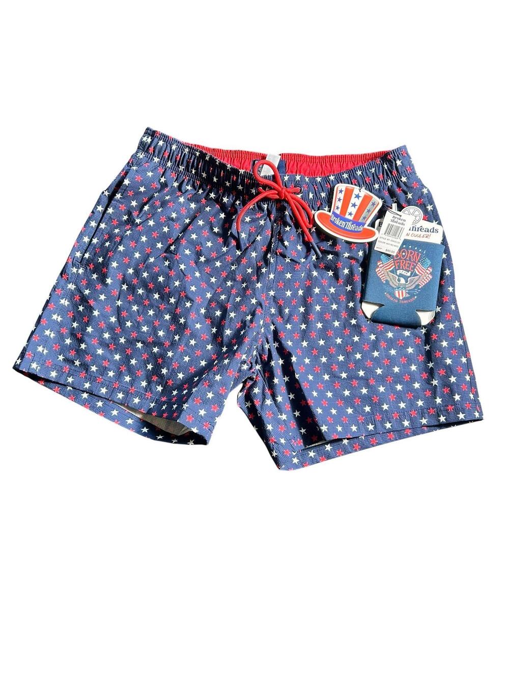 BROKEN THREADS patriotic red white navy stars beach shorts swim trunks sz L New